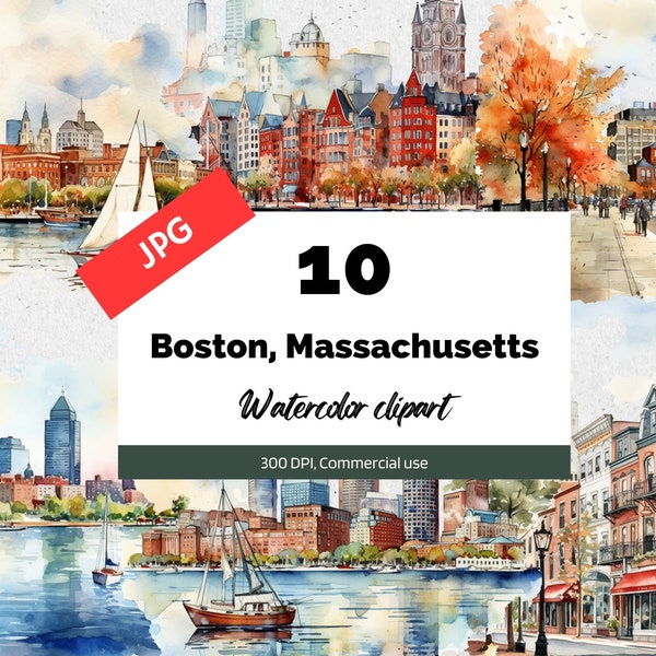 Watercolor Boston Massachusetts clipart, 10 High quality JPGs, Commercial use, Instant download, Travel, Vacation, USA, Travel scrapbook