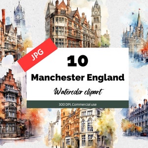 Aquarell Manchester England Clipart, 10 hochwertige JPGs, kommerzielle Nutzung, Sofort-Download, Kartenherstellung, Grußkarte, Postkarte, Städte