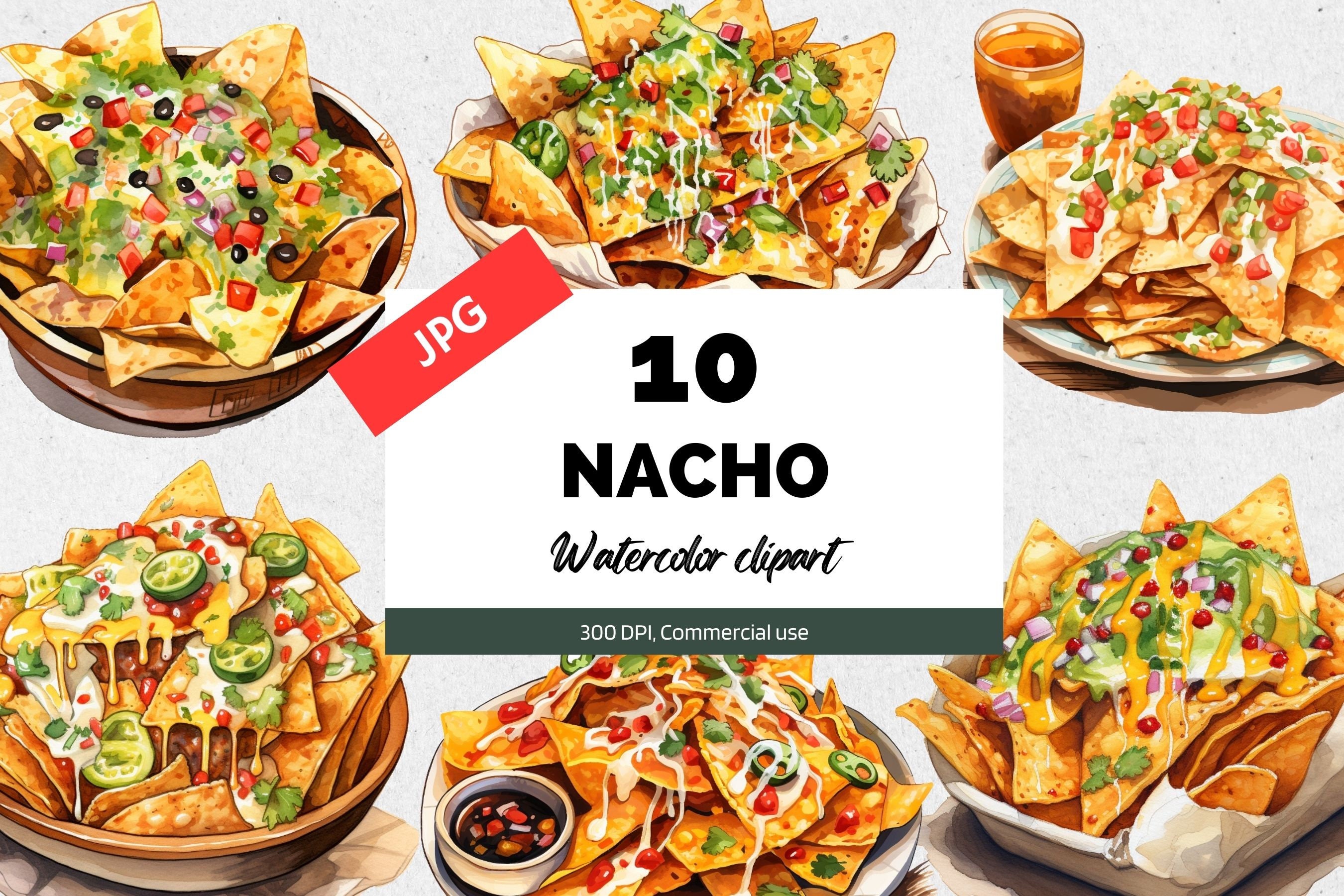 Watercolor nacho clipart, 10 High quality JPGs, Commercial use, Instant download, Fast food, Card making, American foods, Junk journal craft