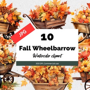 Clipart de brouette d&#39;automne, 10 JPG de haute qualité, Utilisation commerciale, Téléchargement instantané, Citrouille rustique d&#39;automne, Feuilles d&#39;érable, Octobre, Halloween