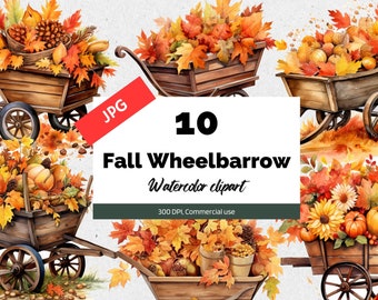 Fall wheelbarrow clipart, 10 High quality JPGs, Commercial use, Instant download, Autumn rustic pumpkin, Maple leaves, October, Halloween