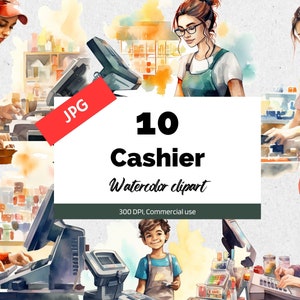 Clipart de caissier aquarelle, 10 JPG de haute qualité, Utilisation commerciale, Téléchargement instantané, travail, travail de fête, profession, travail, caissiers