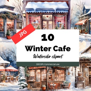 Watercolor winter cafe clipart, 10 High quality JPGs, Watercolor winter, Coffee shop clip art, Romantic Christmas illustration, Commercial