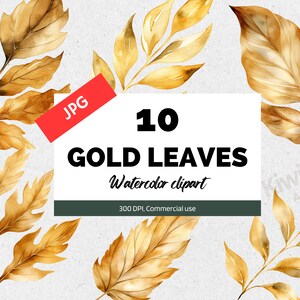Clipart de folha de ouro em aquarela, 10 JPGs de alta qualidade, clipart de folha de ouro, gráficos de ouro brilhante, uso comercial, download instantâneo, criação de cartões