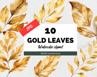 Watercolor gold leaf clipart, 10 High quality JPGs, Gold leaf clip art, Glitter gold graphics, Commercial use, Instant download, Card making