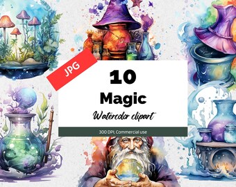 Aquarell magische Cliparts, 10 hochwertige JPGs, kommerzielle Nutzung, Sofortiger Download, Kartenherstellung, magisch, Fantasy, Trank, Hexe, Zauberer, Kunst