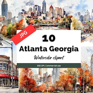 Aquarelle Atlanta Georgia Clipart, 10 JPG de haute qualité, Utilisation commerciale, Téléchargement instantané, États-Unis, ville, villes, paysage urbain, Voyage, Scrapbook
