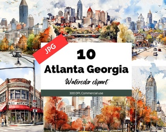Watercolor Atlanta Georgia Clipart, 10 High quality JPGs, Commercial use, Instant download, USA, city, cities, cityscape, Travel, Scrapbook