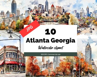 Aquarell Atlanta Georgia Clipart, 10 hochwertige JPGs, kommerzielle Nutzung, Sofort download, USA, Stadt, Städte, Stadtbild, Reise, Scrapbook