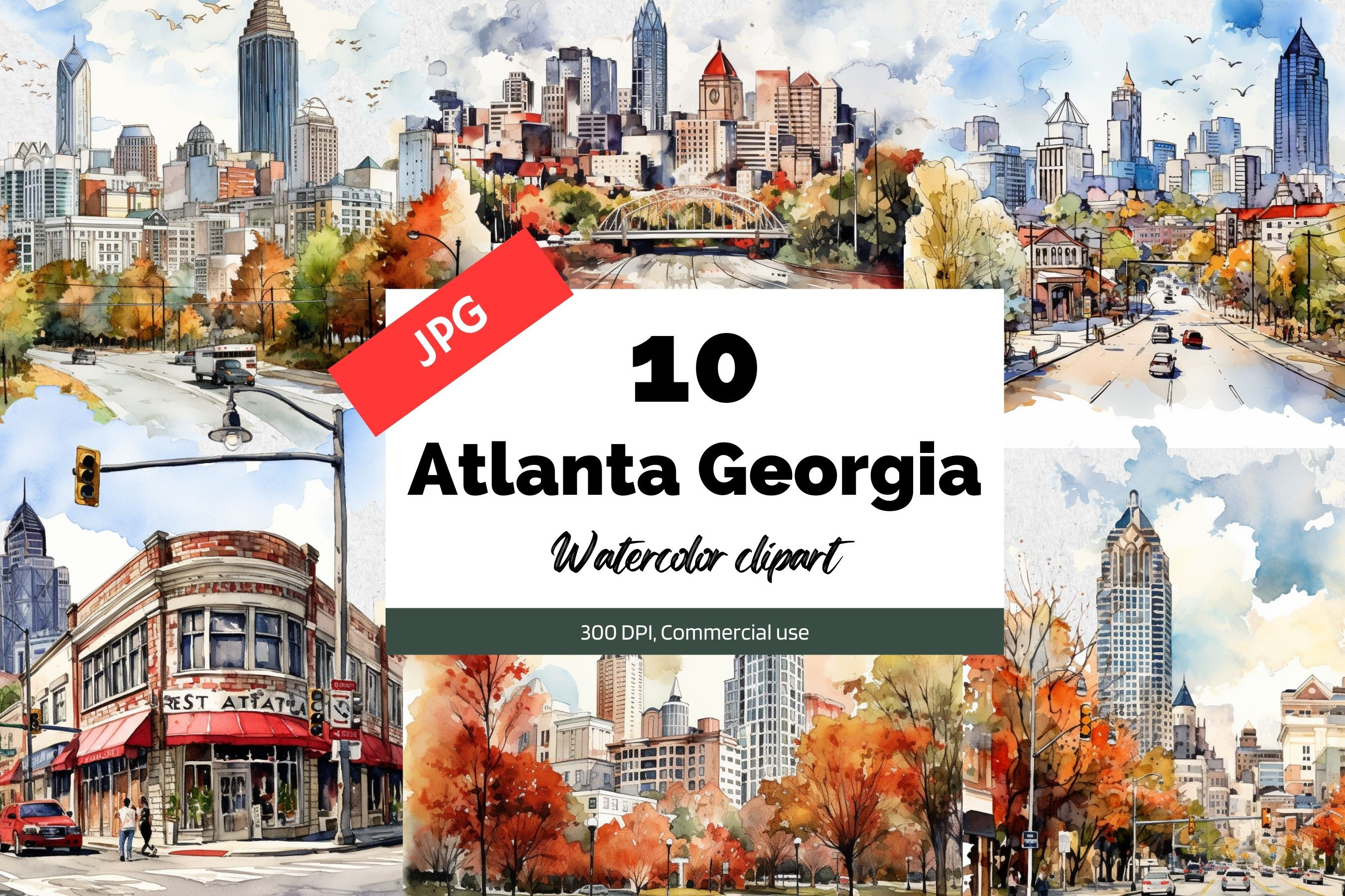 Watercolor Atlanta Georgia Clipart, 10 High Quality Jpgs, Commercial ...