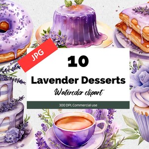 Watercolor lavender desserts clipart, 10 High quality JPGs, Commercial use, Instant download, Cupcake, Cake, Tea, Donuts, Sweet treats, Food