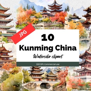 Clipart Kunming China, 10 JPGs de alta qualidade, uso comercial, download instantâneo, criação de cartões, clipart chinês, cidades, férias, feriados