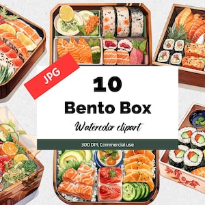 Watercolor bento box clipart, 10 High quality JPGs, Commercial use, Instant download, Card making, Greeting cards, Sushi, Japanese food