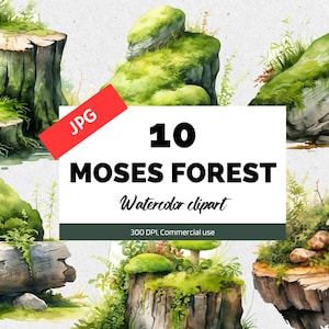 Clipart de forêt de mousse aquarelle, 10 JPG de haute qualité, Utilisation commerciale, Roches moussues et souches botaniques, Fabrication de cartes, Fabrication de cartes, Scrapbook