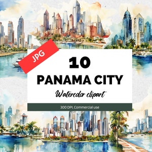 Clipart da cidade do Panamá em aquarela, 10 JPGs de alta qualidade, uso comercial, download instantâneo, cidades, paisagem urbana, férias, feriados, viagens