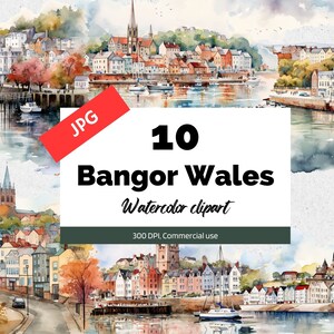 Clipart de Bangor Wales, 10 JPGs de alta qualidade, uso comercial, download instantâneo, paisagem urbana, Reino Unido, Reino Unido, viagens pela Europa, Grã-Bretanha