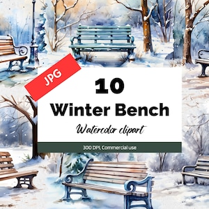 Watercolor winter bench clipart,  10 High quality JPGs, Commercial use, Instant download, Winter graphics, Snow, Snowing, Trees, Card making