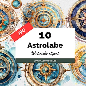 Puede incluir: Diez ilustraciones de astrolabios en acuarela, un tipo de instrumento astronómico antiguo. Cada astrolabio presenta un diseño circular con detalles intrincados, incluyendo una rosa de los vientos, estrellas y cuerpos celestes. Los astrolabios están pintados en tonos de azul, oro y blanco, con un efecto de lavado de acuarela.