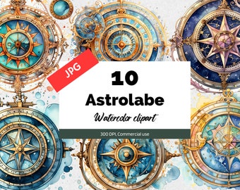 Clipart de astrolábio mágico em aquarela, 10 JPGs de alta qualidade, uso comercial, download instantâneo, criação de cartões, álbum de recortes, artesanato mágico de fantasia