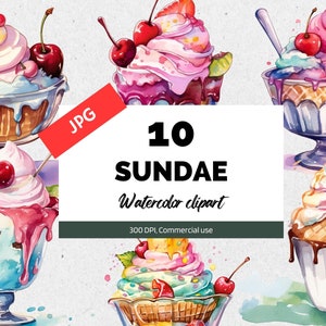 Watercolor sundae clipart, 10 High quality JPGs, Sweet clip art, Food cliparts, Kawaii summer, Cookbook clip art, Commercial use, Digital