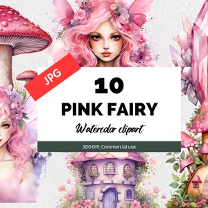 Akwarela różowy wróżka clipart, 10 wysokiej jakości JPG, Wykorzystanie komercyjne, Cliparty wróżek, Cliparty fantasy, Tworzenie kartek, Cliparty różowe, Karta
