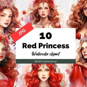 Aquarel rode prinses clipart, 10 JPG's van hoge kwaliteit, Commercieel gebruik, Instant download, Magisch sprookje, Fantasie, Kaarten maken, Verjaardag