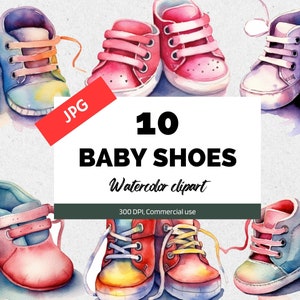Clipart delle scarpe del bambino dell&#39;acquerello, 10 JPG di alta qualità, Uso commerciale, Download istantaneo, ClipArt per bambini, Vestiti per neonati carini, Nursery