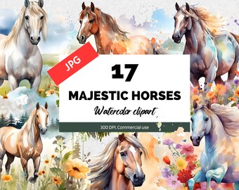 Op de afbeelding: Een digitale illustratie van 17 aquarelpaarden in verschillende poses en kleuren. De paarden zijn geplaatst tegen een achtergrond van bloemen en groen. De tekst "17 Majestic Horses Watercolor clipart, 300 DPI, Commercial use" wordt weergegeven op een wit rechthoek.