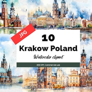 acuarela Cracovia Polonia clipart, 10 JPG de alta calidad, Uso comercial, Descarga instantánea, Fabricación de tarjetas, Tarjeta de felicitación, Postales, viajes