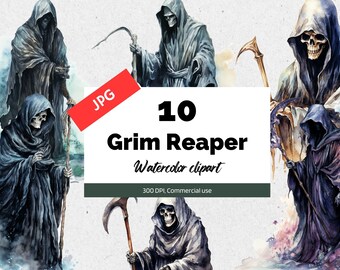 Halloween Sensenmann Clipart, 10 hochwertige JPGs, kommerzielle Nutzung, Sofort-Download, Fantasy, cool, magisch, Aquarell Halloween Grafiken