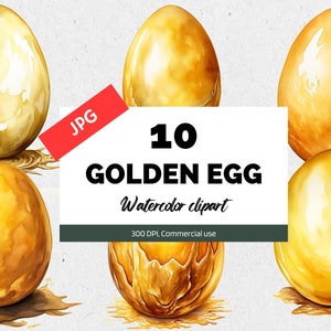 Aquarell goldenes Ei Clipart, 10 hochwertige JPGs, kommerzielle Nutzung, Sofortiger Download, Jack und die Bohnenranke, Gold, Gans, Märchen, Eier