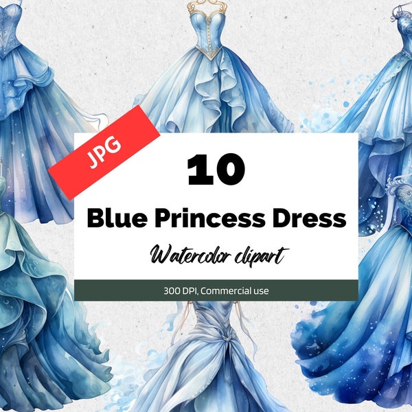 Blue princess dress clipart, 10 High quality JPGs, Commercial use, Instant download, Fantasy, Magical, Cute cliparts for girls, Card making