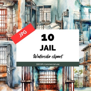 Puede incluir: Un conjunto de 10 ilustraciones de acuarela de celdas de prisión, barrotes de prisión y una torre de prisión. Las ilustraciones son de estilo realista y presentan una variedad de detalles, como ventanas, puertas y paredes. Las ilustraciones son perfectas para usar en una variedad de proyectos, como scrapbooking, creación de tarjetas y diseño digital.