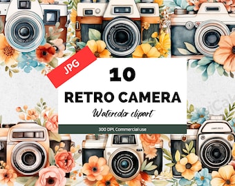 May include: A set of 10 watercolor illustrations of vintage cameras with floral accents. The cameras are in various colors and styles, and the flowers are in shades of pink, yellow, and blue. The text "JPG 10 RETRO CAMERA Watercolor clipart 300 DPI, Commercial use" is visible in the image.