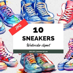 Aquarel sneakers clipart, 10 JPG&#39;s van hoge kwaliteit, Commercieel gebruik, Direct downloaden, Tiener, Tieners, Aquarel trainers, Mode, Hip top