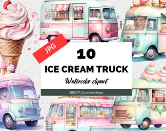 Aquarell Eis LKW Thema Clipart, 10 hochwertige JPG, Sommer Cliparts, kommerzielle Nutzung, Instant download, Eistüten, Scrapbook