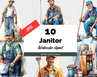 Watercolor janitor clipart, 10 High quality JPGs, Commercial license, Instant download, Card making, Occupation, Job, School janitors, Work