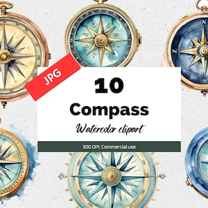 Puede incluir: Diez ilustraciones de acuarela de diseños de brújula antiguos. Cada brújula presenta un marco dorado con una cara de brújula azul y blanca. Las agujas de la brújula apuntan al norte. Las ilustraciones son perfectas para proyectos de temática náutica.