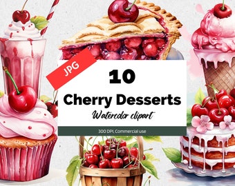 Cherries desserts clipart, 10 High quality JPG, Commercial use, Instant download, Cherry pie, Cupcake, Icecream, Garden, Summer fruit basket