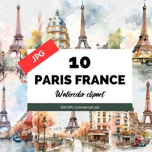 Clipart aquarela Paris França, 10 JPG de alta qualidade, uso comercial, download instantâneo, torre Eifel, arquitetura europeia, viagens, férias