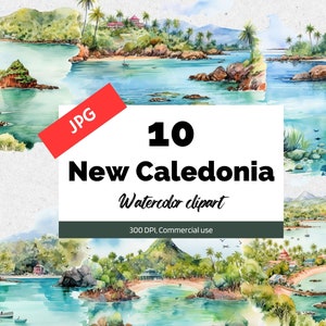 Aquarelle Nouvelle-Calédonie clipart, 10 fichiers JPG de haute qualité, Utilisation commerciale, Téléchargement instantané, Fabrication de cartes, Vacances, Voyage, Voyage, Carte postale
