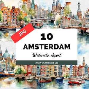 Acuarela Amsterdam clipart, 10 JPG de alta calidad, Uso comercial, Descarga instantánea, Holanda, Casa adosada, Viajes, Vacaciones, Tarjeta de felicitación