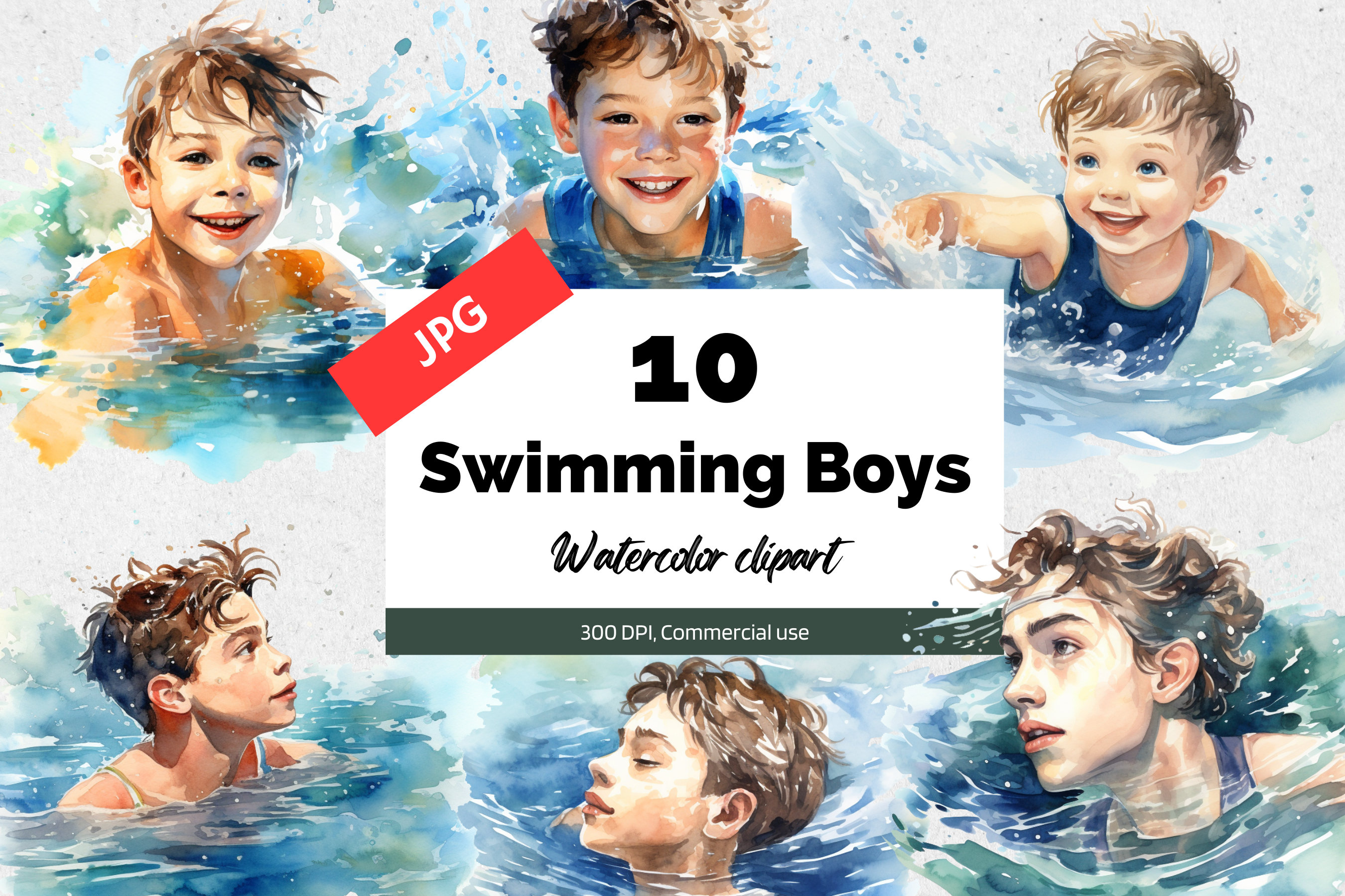 Watercolor swimming boys, 10 High quality JPGs, Commercial use, Summer beach clip art, Card making, Children playing, Instant download