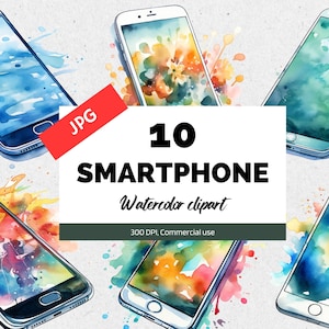 Puede incluir: Diez ilustraciones de acuarela de teléfonos inteligentes con fondos coloridos. Las ilustraciones están en formato digital y están disponibles para uso comercial. JPG.