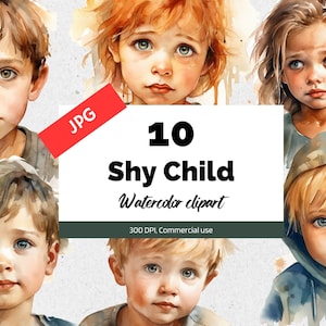 Aquarel verlegen kind clipart, 10 hoge kwaliteit JPG's, commercieel gebruik, Instant download, kaart maken, wenskaart, ansichtkaarten, kinderen, kinderen
