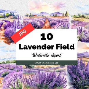 Imágenes Prediseñadas de campo de lavanda acuarela, 10 JPG de alta calidad, Uso comercial, Descarga instantánea, Provenza francesa, Arte del paisaje, Puesta de sol, Vida rural