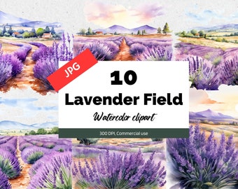 Watercolor lavender field clipart, 10 High quality JPG, Commercial use, Instant download, French Provence, Landscape art, Sunset, Rural life