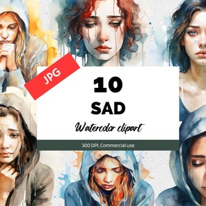 Clipart de personnes tristes à l'aquarelle, 10 JPG de haute qualité, Utilisation commerciale, Téléchargement instantané, Bouleversé, Personne triste, Pleurer, Dépression, Déprimé