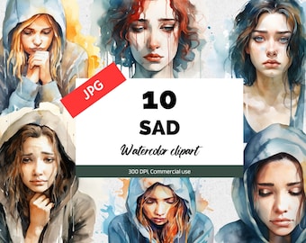 Watercolor sad people clipart, 10 High quality JPGs, Commercial use, Instant download, Upset, Sad person, Crying, Depression, Depressed