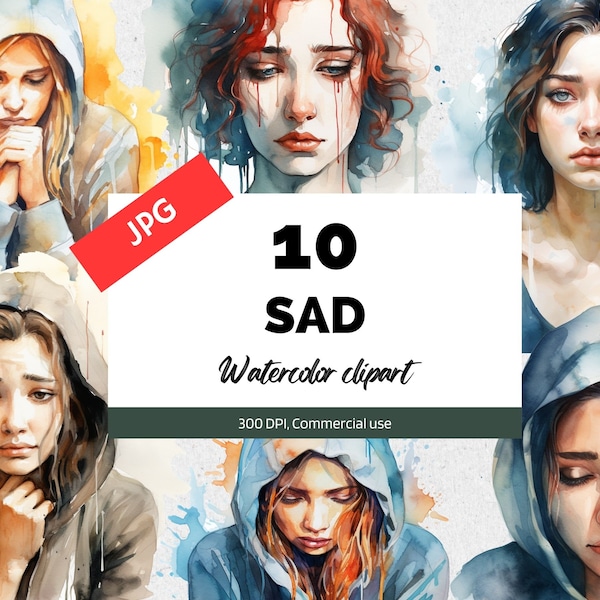 Watercolor sad people clipart, 10 High quality JPGs, Commercial use, Instant download, Upset, Sad person, Crying, Depression, Depressed